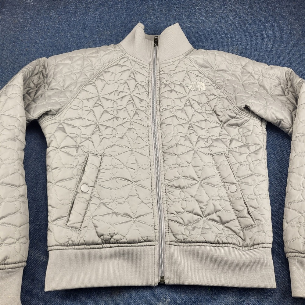 The North Face Womens Small Quilted Bomber Jacket Light Gray Full Zip Geometric